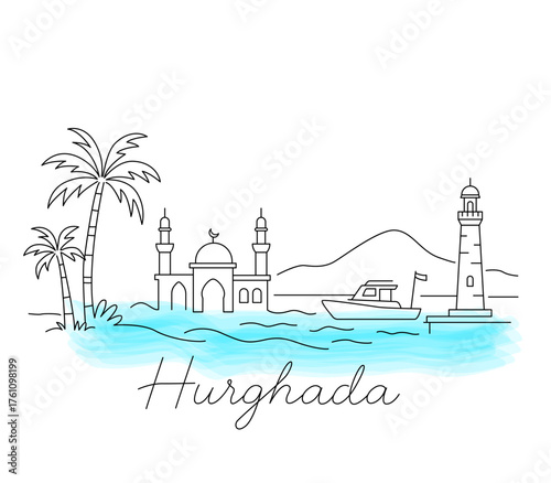 linear panorama of Hurghada, Egypt. Mosque, palm trees, and a warm sea against the backdrop of a pyramid. Tourism and vacation concept. Flat line illustration with hand-lettering "Hurghada."