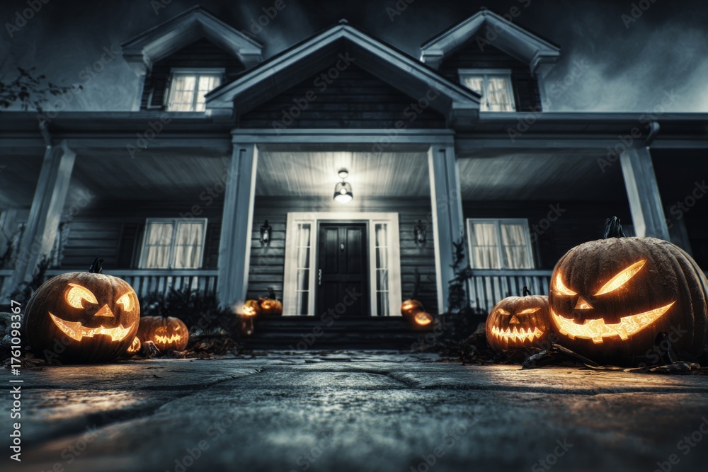 Fototapeta premium Whimsical nightfall: a home dressed for halloween delight. Epic poster. Halloween enchantment: playful and eerie decor around a moonlit house. Hero poster. Blockbuster poster.