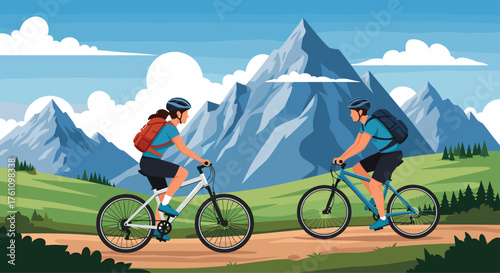 Two people cycling through a mountain landscape.