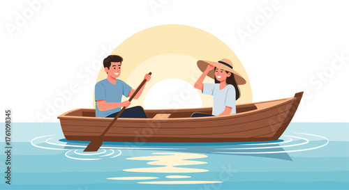 A happy couple enjoys a leisurely rowboat ride on a sunny day.