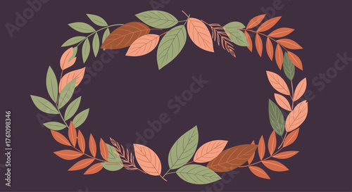 An oval wreath of autumnal leaves in shades of orange and green on a dark purple background.