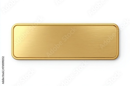 A sleek gold metal name tag rests on a flat surface, showcasing its rectangular shape and simple design against a clean white background, ideal for product presentations.