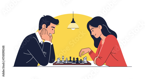 A man and a woman are playing a game of chess indoors.
