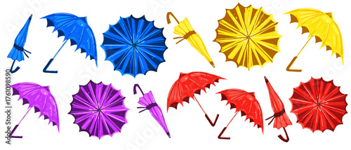 Vector illustration of colorful umbrellas set. Hand drawn open umbrellas in bright colors isolated on white background.