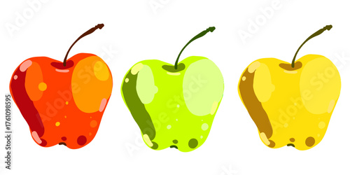 Vector illustration of three apples in red, green, and yellow colors. Hand drawn fresh fruits isolated on white background.