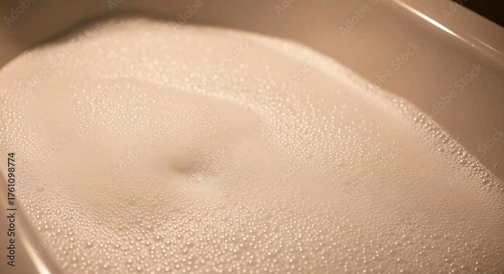 Obraz premium Close-up of rich white soap foam filling a bathtub. A detailed, high-angle close-up photograph capturing the surface of dense, luxurious white soap bubbles filling a white porcelain or acrylic bathtub