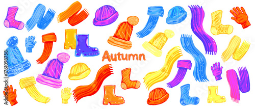 Vector illustration of autumn clothes set with scarves, hats, gloves, and boots. Hand drawn warm accessories collection isolated on white background.