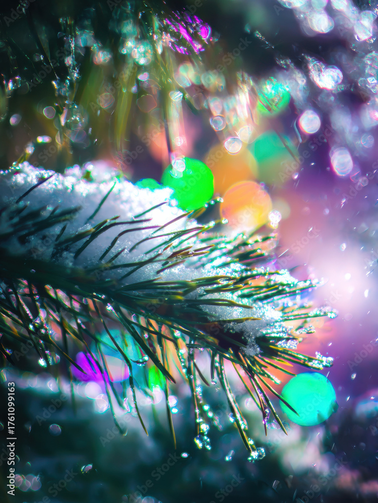 Fototapeta premium Frosty Pine Branch in Winter with Snowflakes and Blue Bokeh, Christmas Nature Macro, Festive Holiday Background, Cold Season Close-Up