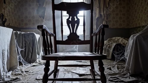 In a haunted house, an old wooden rocking chair moves on its own, creating a creepy and suspenseful atmosphere of a ghostly presence in the room.