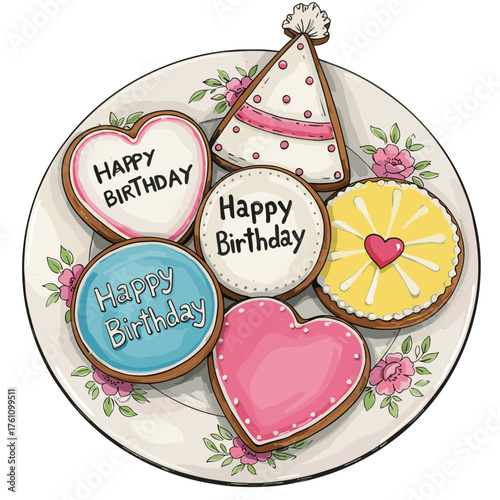 Hand-decorated cookies with birthday designs on porcelain plate with floral motifs with festive and cheerful mood, design sketch style colored marker and pencil illustration