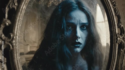 A paranormal event captured in a haunted house, where the ghostly apparition of a face materializes and then vanishes from the surface of a dusty, old mirror.