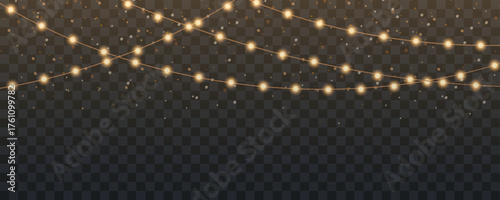 Christmas light garland with gold glitter, glowing lights for greeting card design, gold Christmas bright garlands on transparent background, new year light, led strips