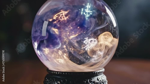 A fortune teller's crystal ball glows as mystical purple and blue smoke swirls within, predicting a magical and spooky future on Halloween night.