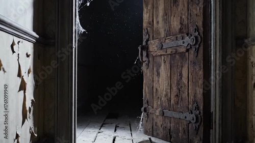 In a classic horror movie scene, a large, ancient door mysteriously and slowly creaks open without anyone touching it, building suspense and fear of the unknown.