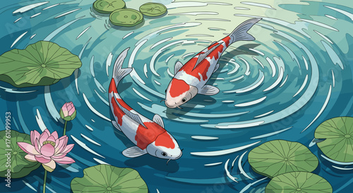 Koi fish pond with rippling water and lotus flowers, serene and stylized