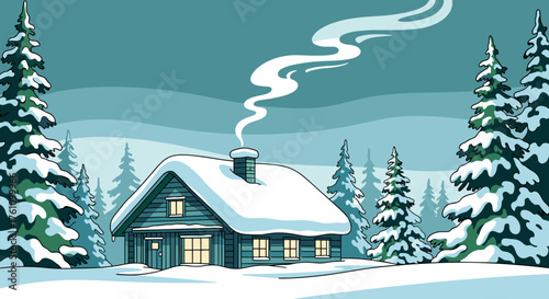 Snow-covered cabin with smoke rising from chimney with serene and cozy mood, vector artwork in cool blue, teal, and green tones with geometric brush textures