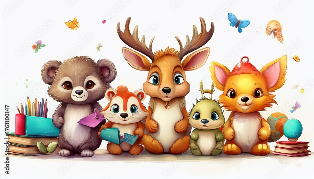 Naklejka premium cute animal characters with letters and props on white background