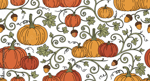 Pumpkin patch with swirling vines and acorns pattern in flat warm earthy tones with decorative and autumn mood, seamless vector illustration with clean black outlines and minimal white background