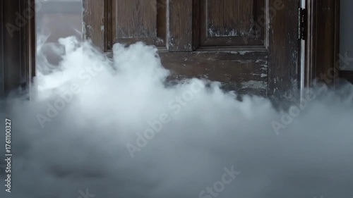 Suspenseful horror scene where dense, mysterious fog is seen rolling into a dark room from underneath a door, signaling an approaching unseen threat.