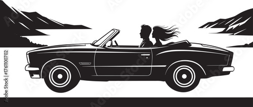 Convertible Car Silhouette Driving With A Couple On Scenic Route Near Mountains In Black