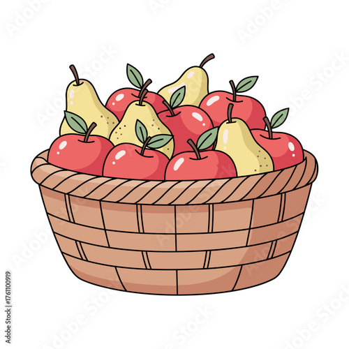 Basket of apples and pears with fresh and cheerful mood, against white background