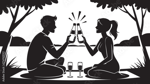 Couple Celebrating with Bottles at Picnic Under Silhouette Trees Transparent Background Vector