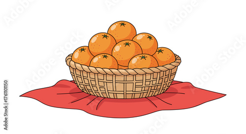 Mandarin orange basket on red silk tablecloth with festive and cheerful mood, white background