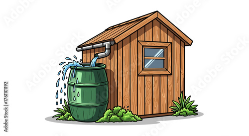 Rain barrel beside wooden shed with dripping water overflow with practical and eco-friendly mood, white background