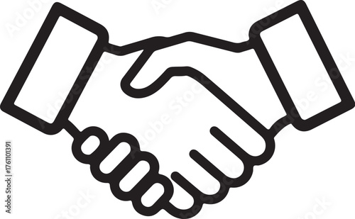 Black and white outline icon of two hands shaking in agreement on a white background handshake deal also transparent background