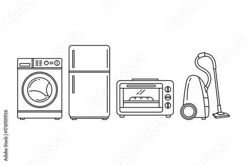 A line art illustration of common household appliances including a washing machine, refrigerator, toaster oven, and vacuum cleaner, representing home essentials and domestic life