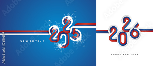 Happy New Year 2026. Slovakia ribbon in the shape of 2025 and 2026. Abstract white blue red flag strip of Slovakia with sparkle firework isolated on white and blue background