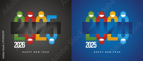 Loading New Year 2026 connecting people. Modern abstract design of people at the table. Colorful negative space 2025 and 2026 number template on black blue background