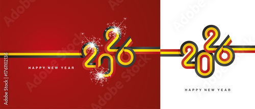 New Year 2026 flag ribbon typography lettering. Abstract black yellow red flag of Belgium in the shape of 2026 logo with sparkle firework isolated on white and red background