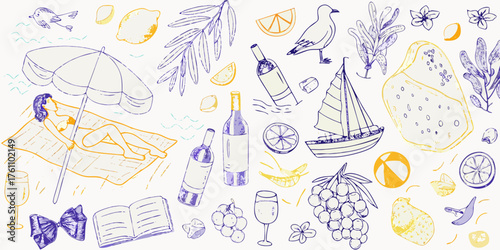 Summer vacation beach scene with woman sunbathing sailing and refreshments hand drawn style