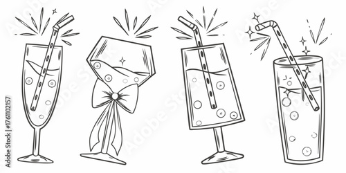 Collection of four hand drawn outline illustrations of celebratory drinks with straws and bubbles