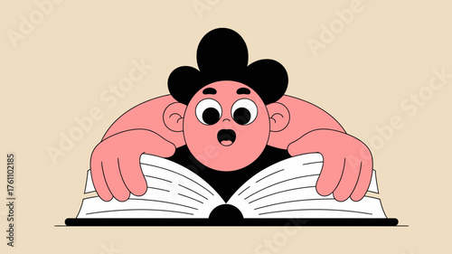Surprised cartoon character with wide eyes and open mouth leaning over a large open book with a light beige background