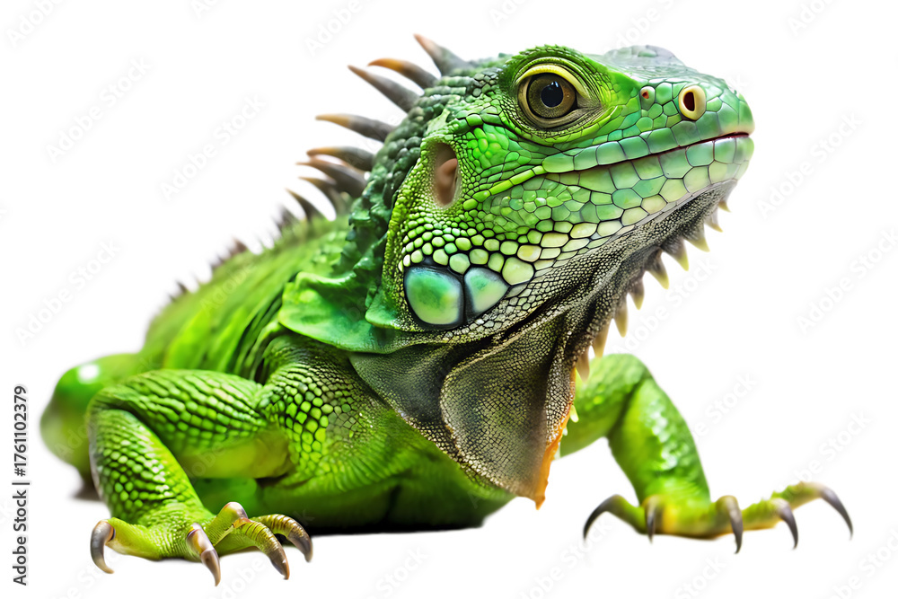 Fototapeta premium Green iguana isolated on transparent background, close up shot