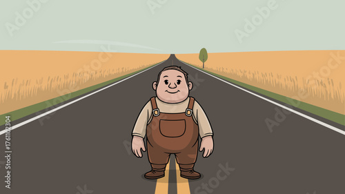 A cartoon farmer wearing overalls stands in the middle of a long asphalt road stretching through a golden wheat field under a pale sky