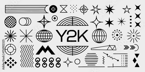 Collection of y2k inspired graphic design elements and abstract shapes in black and white