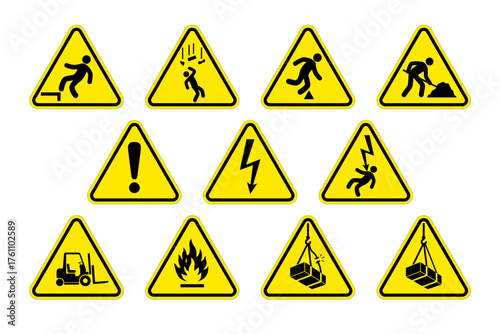yellow triangle industrial work construction site warning sign symbol classic vector set of 11 on transparent background