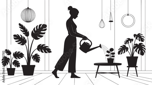 Houseplant Care Silhouette Woman Watering Plants Home Gardening Greenery Cultivation Tranquility