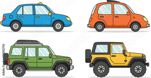 Four colorful cartoon cars including a sedan suv off-road and hatchback on flat design vector illustration isolated on transparent background