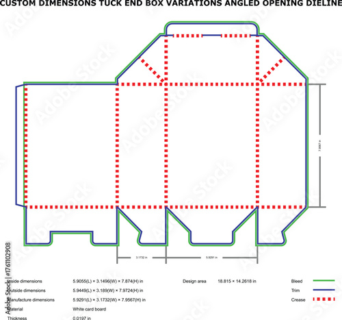 Tuck End Box Dieline with Angled Opening ,Custom Packaging Template for White Card Board