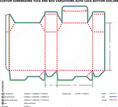 Tuck End Box Dieline with Auto Lock Bottom, Custom Packaging Template for White Card Board