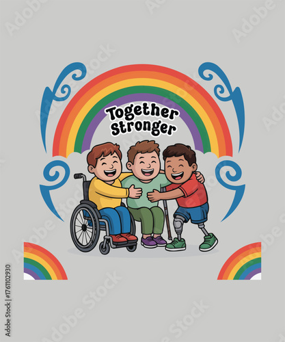 Diverse children with disabilities and friends celebrate unity under a rainbow