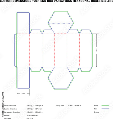 Hexagonal Tuck End Box Dieline Custom Packaging Template for Folding Carton Design