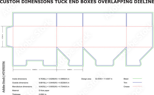 Overlapping Tuck End Box Dieline ,Custom Packaging Template with Bleed, Trim, and Crease Lines