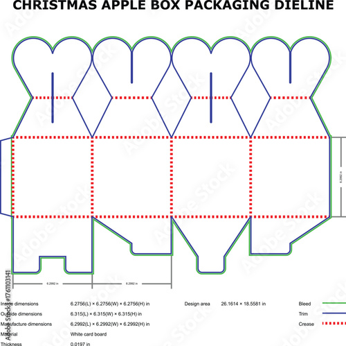 Christmas Apple Box Packaging Dieline Template — Gift Box Layout with Heart Flap Design