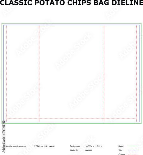 Classic Potato Chips Bag Dieline Template — Snack Packaging Layout for Foil Pouch Design