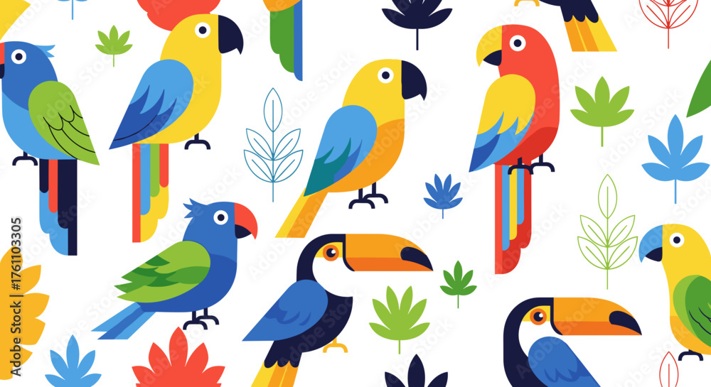 Naklejka premium Tropical Parrot and Toucan Seamless Pattern
